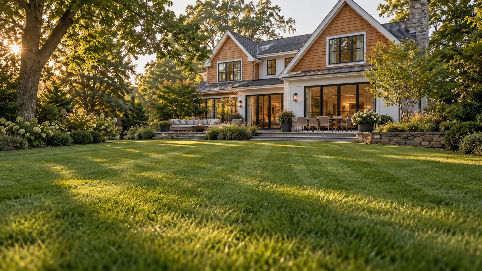 A sunlit garden with a cared-for summer lawn
