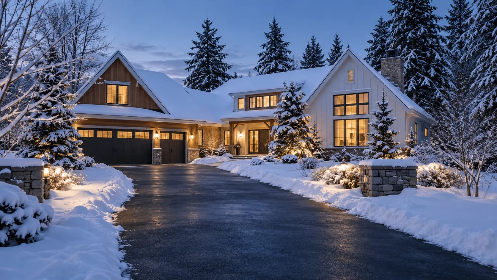 A warmly lit home and a clear driveway in winter